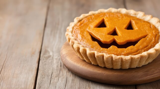 A pumpkin pie with a carved jack-o'-lantern face on top, placed on a wooden board over a rustic wooden surface.