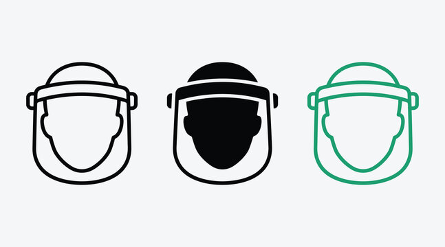 Safety face shield icons set for medical or industrial protection with equipment