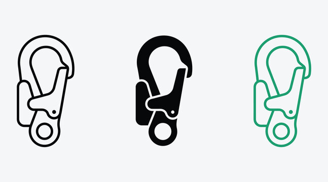 Carabiner safety hook icon set in outline solid and green styles with carabiner