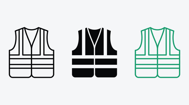 High visibility safety vest icon set in outline solid and green styles