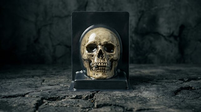 Human Skull Encased in Protective Plastic Packaging Against Dark Textured Background