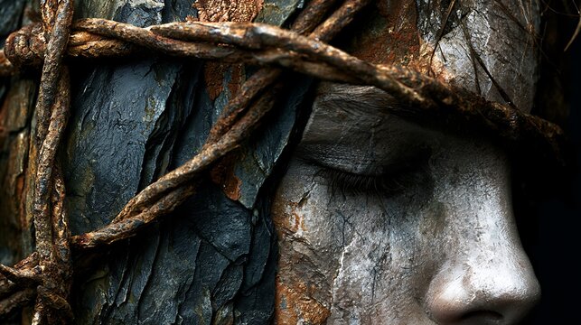 Prompt: A masterclass surreal double exposure close-up. A model's pale face is blended with a heavy tangled loop of old rusted barbed wire and layers of dark slate rock textures. Shot on Phase 