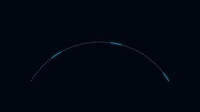 Minimalist neon arc loading animation, glowing blue dashed circular path 4k