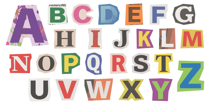 Alphabet set of colorful letters made from magazine paper clippings with a ransom note style typography design