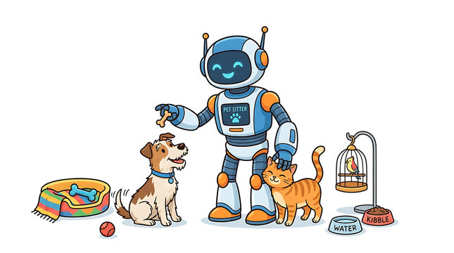 Friendly robot interacting with pets dog cat bird in home environment.