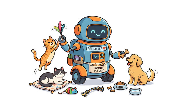 Friendly robot playing with pets and toys.