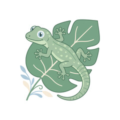 Obraz premium Cute Gecko on Monstera Leaf Vector Illustration