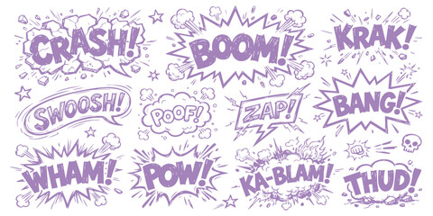 Set of hand drawn comic book sound effect speech bubbles with purple text for action scenes and graphic design © ZenVectors