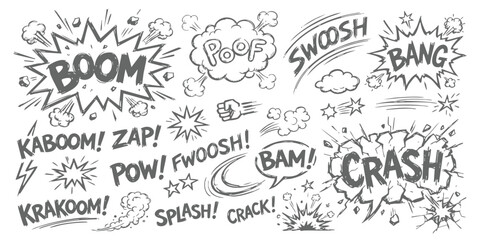 Set of hand drawn comic book sound effects with speech bubbles and explosive action shapes for graphic design © ZenVectors