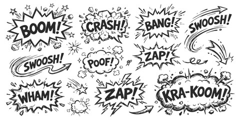 Set of hand drawn comic book sound effect speech bubbles with explosive action words like boom crash and bang © ZenVectors