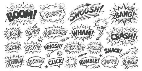 Set of hand drawn comic book sound effect speech bubbles with action words and explosive shapes for graphic design © ZenVectors