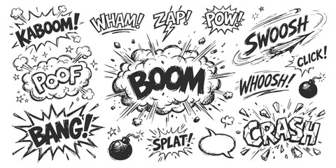 Set of black and white comic book sound effect speech bubbles with explosion and action word design elements © ZenVectors