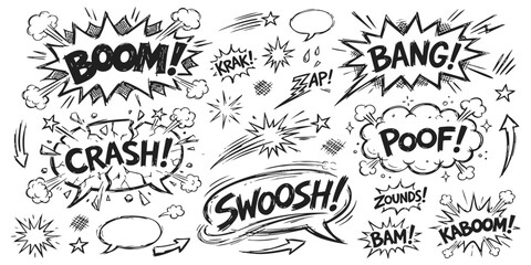 Set of hand drawn comic book sound effects with speech bubbles and action burst shapes for graphic design © ZenVectors
