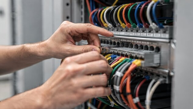 Close shot of onsite professional adding extra network cables to patch panels highlighting precision work with blurred environment.
