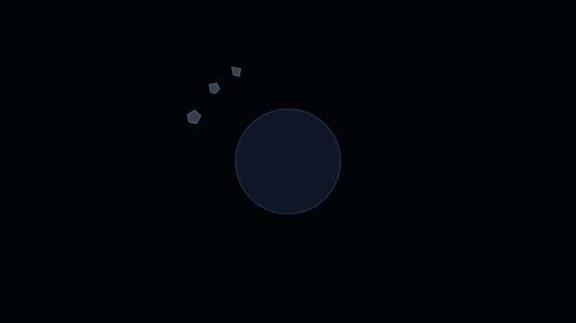 Minimalist planet orbiting animation with floating asteroids on dark 4k background, space