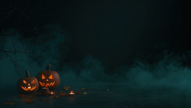 Escena tenebrosa de Halloween con calabazas brillantes entre la niebla y fondo oscuro