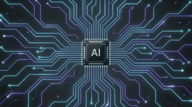 Seamless looping video of AI microchip processor with digital circuit board background representing artificial intelligence and modern technology 