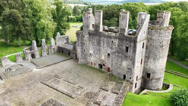 Professional Drone Orbit Footage of Huntly Castle, Magnificent Medieval 12th Century Landmark in Aberdeenshire, Scotland
