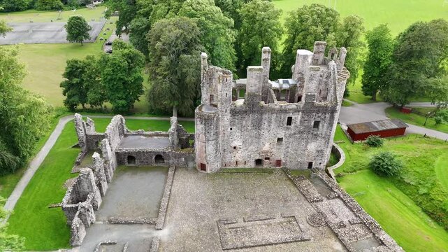 Cinematic Aerial Drone View of Huntly Castle, Historic Medieval Fortress Founded in the Late 12th Century, Aberdeenshire, Scotland, United Kingdom

