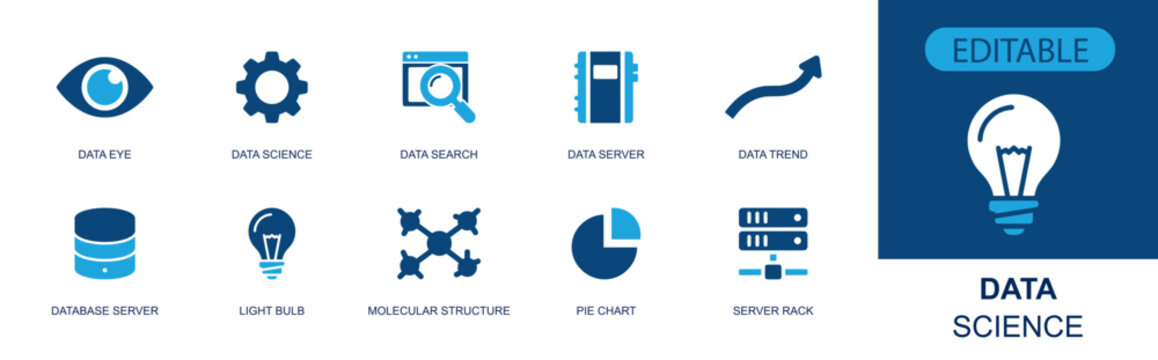 Data science icon set. Containing data eye, gear, browser search, data server, trend arrow, database, light bulb, molecular network, pie chart, server rack and more. Solid fill vector icons.