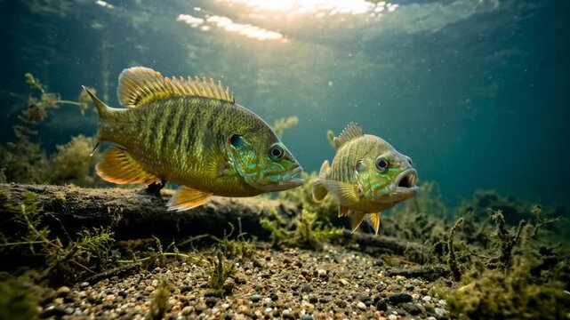 two green sunfish underwater close up at morning light in freshwater lake video