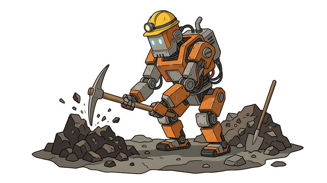 Futuristic robot miner with pickaxe digging for resources in a rocky environment.