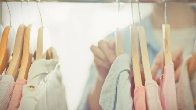 A girl browses clothes on wooden hangers in a brightly lit store choosing the right outfit for everyday life. Concept of shopping and selecting clothing in a retail store