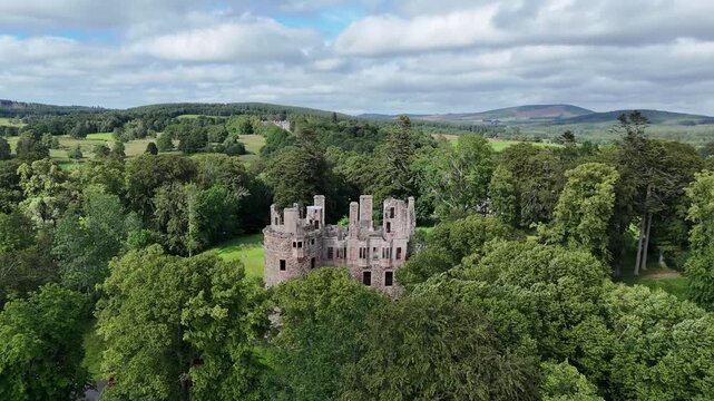 Aerial Drone Footage of Huntly Castle, Historic Medieval Fortress Founded in the Late 12th Century, Huntly, Aberdeenshire, Scotland, United Kingdom.