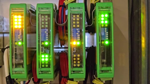 ​Industrial Automation Control Panel with Blinking LED Status Indicators and PLC Modules