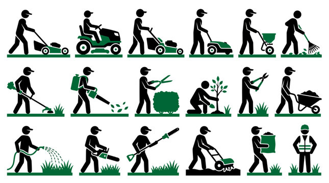 Professional landscaper stick figure pictograms using various garden tools like lawn mowers and trimmers, These activities bring garden maintenance concepts to life while illustrating landscaping