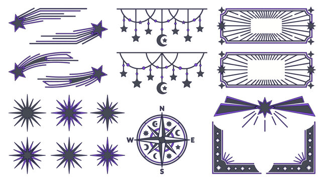 Celestial vector illustrations featuring shooting stars, star garlands, mystical frames and nautical compass in purple and grey, illustrating creative branding or cosmic decorative projects