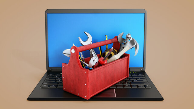 Red toolbox standing on laptop computer isolated on warm background. 3D illustration