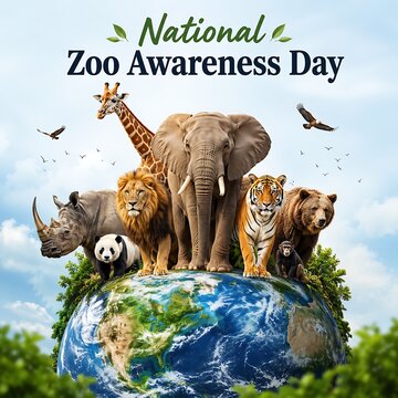 Animals celebrating national zoo awareness day on globe