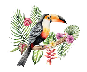 Obraz premium Toco toucan sits on a branch in the leaves of a palm tree, monstera and heliconia flower. Watercolor hand drawn bird, isolated illustration on transparent background. Perfect for tropical design