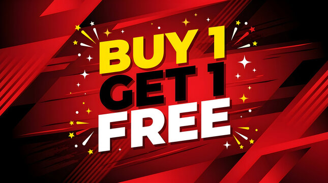 Bold red Buy 1 Get 1 Free promotional banner vector illustration. Ideal for sales and marketing advertisements.