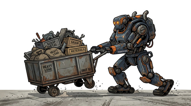 Futuristic robot pushing a cart full of scrap metal and supplies.