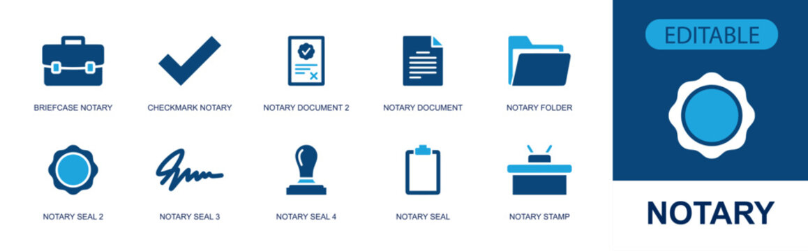 Notary icon set. Containing briefcase, check mark, certified document, legal file, folder, official seal, signature, rubber stamp, legal clipboard and more. Solid fill vector icons.