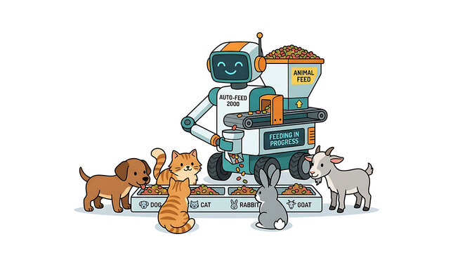 Robot pet feeder dispensing food to various animals.