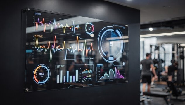 Medium shot focusing on a sleek heartrate wall highlighting detailed biometric graphs in sharp relief while the adjacent workout zone remains subtly out of focus.