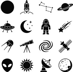 Outer space and astronomy silhouette vector icon set, black astronaut, rocket launch, saturn planet, ufo, and alien isolated on white background © Rekha