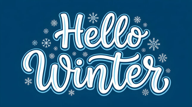 Hello Winter text with snowflakes on blue background, festive greeting for cold season.