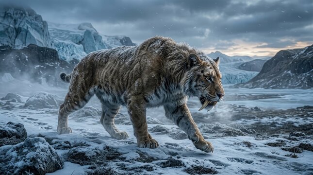A powerful saber toothed tiger hunts during the Ice Age, a frozen world covered in snow and massive glaciers, reflecting ancient global glaciation