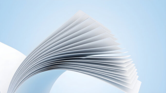Abstract macro shot of flipping book pages against a soft blue background. Represents knowledge, research, and literature.