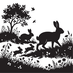 Obraz premium rabbit nature silhouette vector, black bunny wildlife landscape isolated on white background