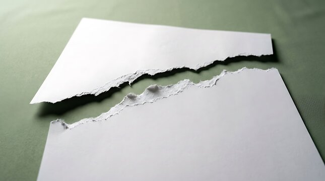 Two Torn Pieces of White Paper on a Textured Green Surface
