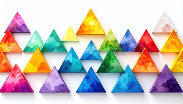 Colorful watercolor triangles on white background.