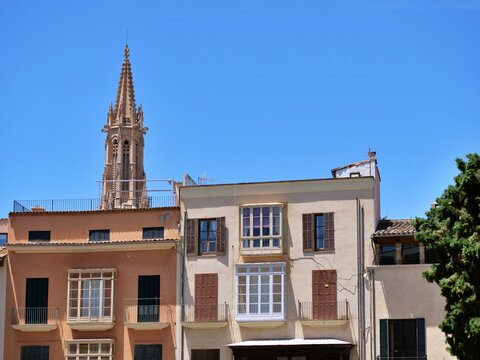 Mediterranean Old Town Street with Gothic Cathedral Spire