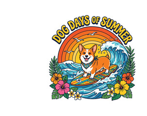 Naklejka premium Dog Days of Summer Corgi Surfing Tropical Beach Waves Retro Sunset Vector Illustration