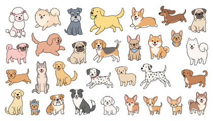 Obraz premium Large collection of cute hand-drawn style dog breeds illustrations on white background depicting various happy puppy characters