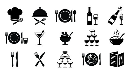 Collection of black and white dining and restaurant icon set featuring food beverages cutlery and chef equipment symbols, restaurant © Tanjir